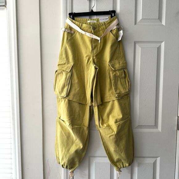 PacSun NWT Jayde Balloon Cargo Yellow Baggy Pants Waist 24 New With Canvas Belt - Picture 5 of 14